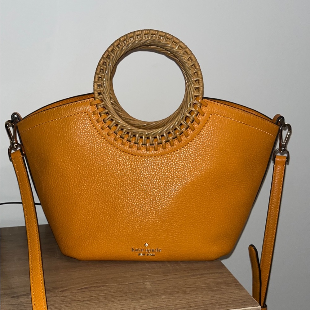 Kate Spade Vibrant Orange Crossbody Bag with Tan Woven Handle + Wallet